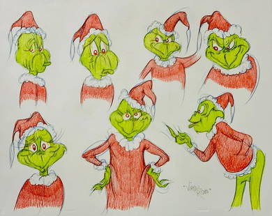 Signed Warner Brothers Original 1990's Color Drawing Virgil Ross Flintstones Hanna-Barbera: Description: The Grinch Model Sheet. "The Grinch Who Stole Christmas" Drawing by Virgil Ross (Warner Brothers, c. 1990s). An original one-of-a-kind drawing by famed Warner Brothers and Hanna-Barbera a