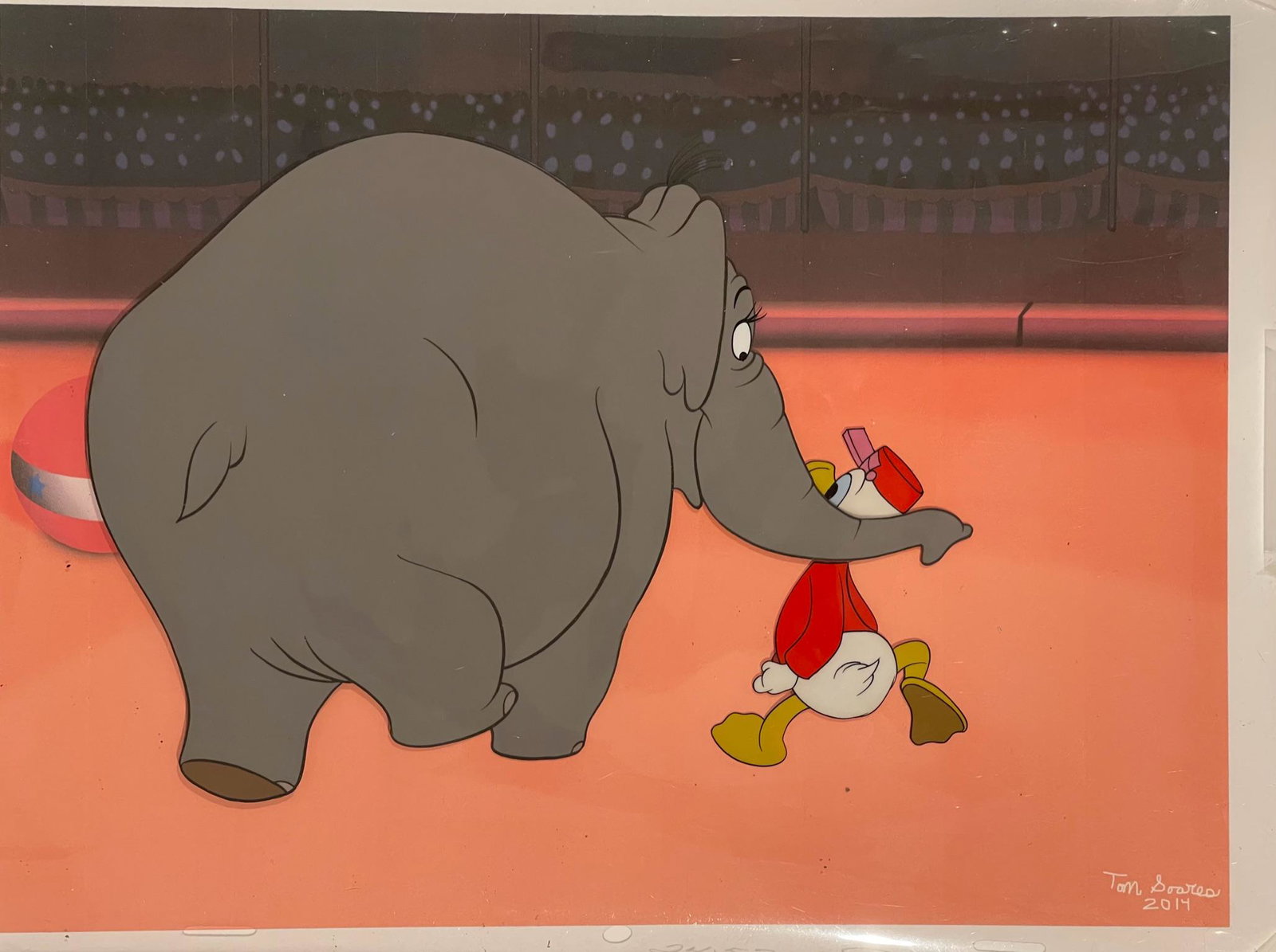 Working for Peanuts Disney Donald Duck Walt Disney (1963): Description: Working For Peanuts Donald Duck Production Cel (Walt Disney, 1953). There was some animation done by Bill Justice, the story was by Roy Williams, and the backgrounds by Eyvind Earle. The 