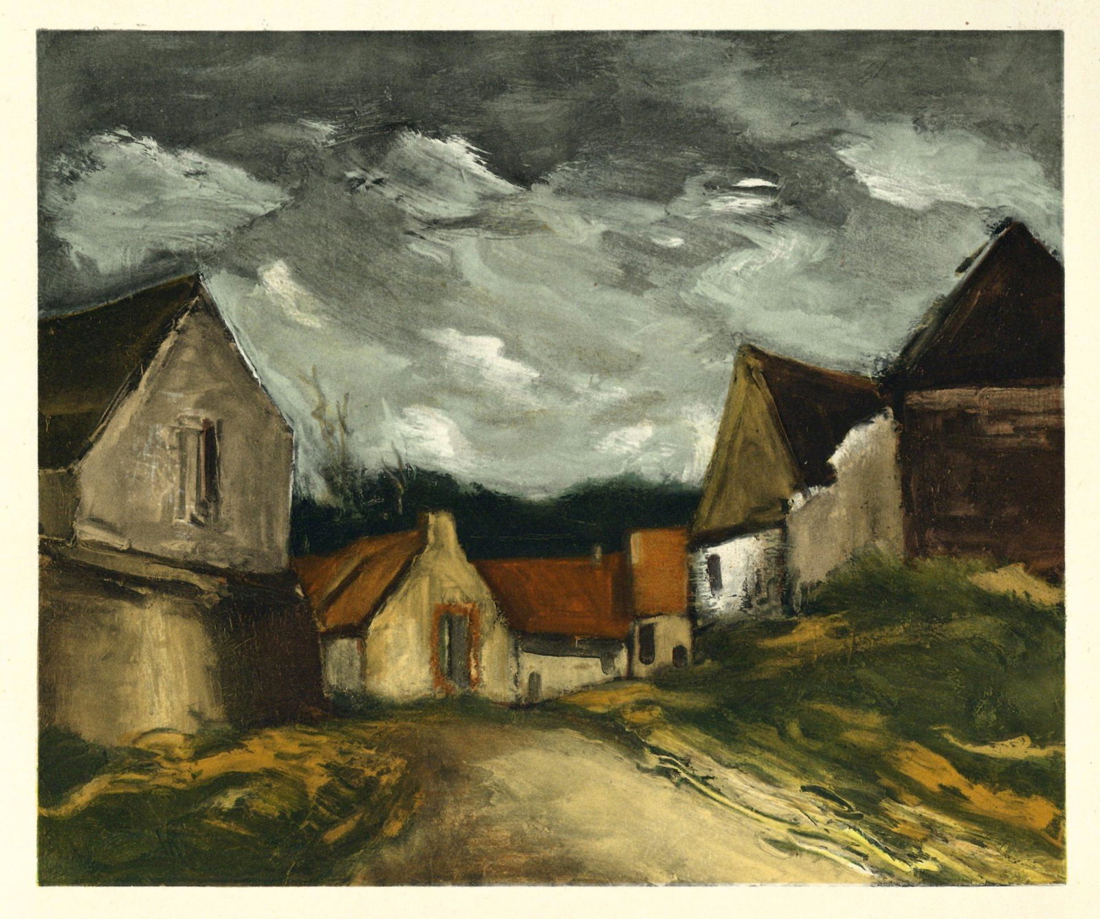 Maurice de Vlaminck lithograph "A Village in Sarthe": Medium: lithograph. This lithograph (after the Vlaminck painting) was printed in Paris in 1958 by the Mourlot atelier, and published by Andre Sauret in an edition of 2000. The image size is 7 1/2 x 9 