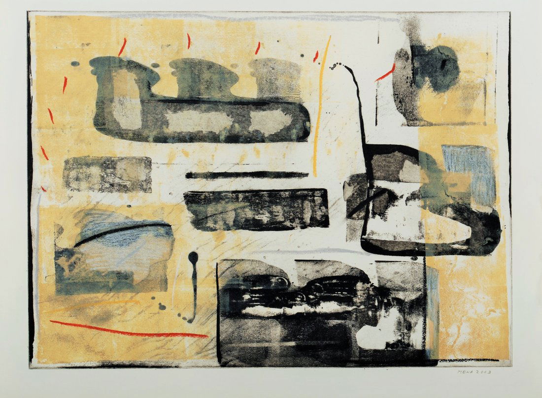 Rigoberto Mena, signed, work on paper: Title: Lyric Abstraction Artist: Rigoberto Mena (Cuban, 1961) Date/Period: 2003 Medium: Work on paper, Mixed media Image Size: 45 x 61 cm. (17.7 x 24 in.) Overall Size: 53 x 69 cm. (20.9 x 27.2 in.) S