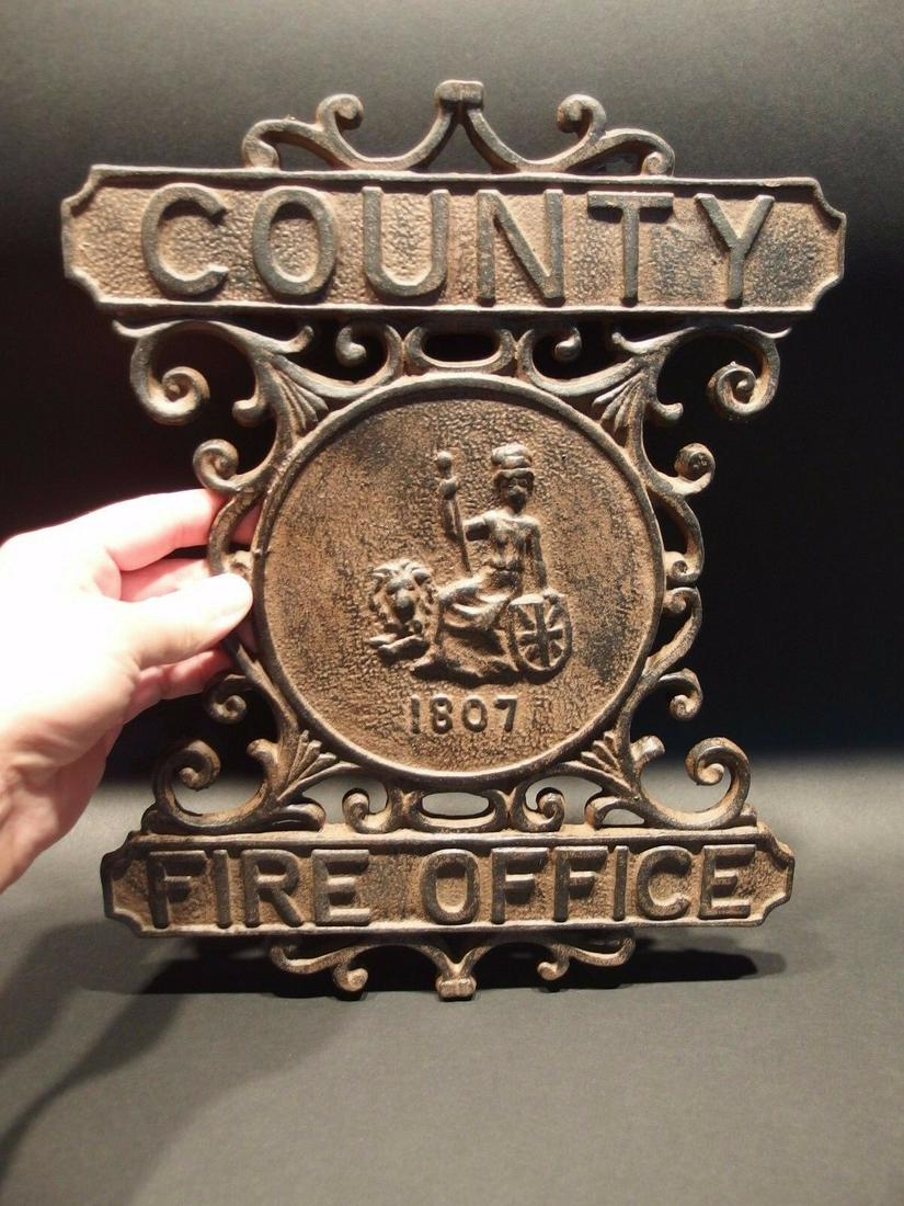 Heavy Cast Iron County Fire Office Sign 1807 Fireman (1 of 8)
