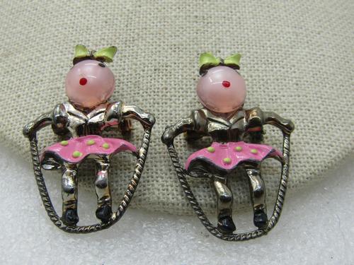 Vintage Pair of Girl Jumping Rope Brooch, Enameled, Mid-Century: Vintage Pair of Girl Jumping Rope Brooch, Enameled with Stones, 1940's-1950's, Gold tone 1.5" tall and 1-1/8" wide with a polka dot pink skirt and green bow, pink moonglow cabachon with enameled eyes 