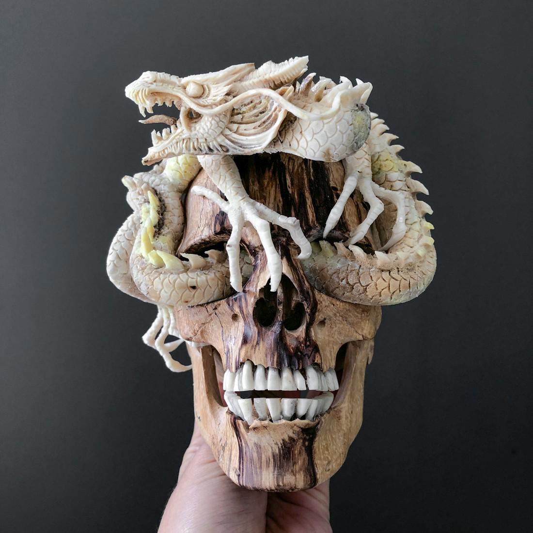 Human skull with a stunning carved dragon: Title: Human skull with a stunning carved dragon Maker: Unknown Origin: Indonesia Date/Period: 2021 Materials: Tamarind Wood, Deer antler Dimensions:H: 14 cm / 5.5 inches W: 12 cm / 4.7 inches L: 13 c