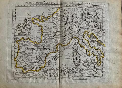 Ancient western Roman Empire 1780/81 scarce map by J. B. Nolin: Title: Ancient western Roman Empire 1780/81 scarce map by J. B. Nolin Date/Period: 1780/81 Materials: Hand colored copper plate engraved Size: 14 1/2 x 10 1/4” Shows today’s Iberian penins