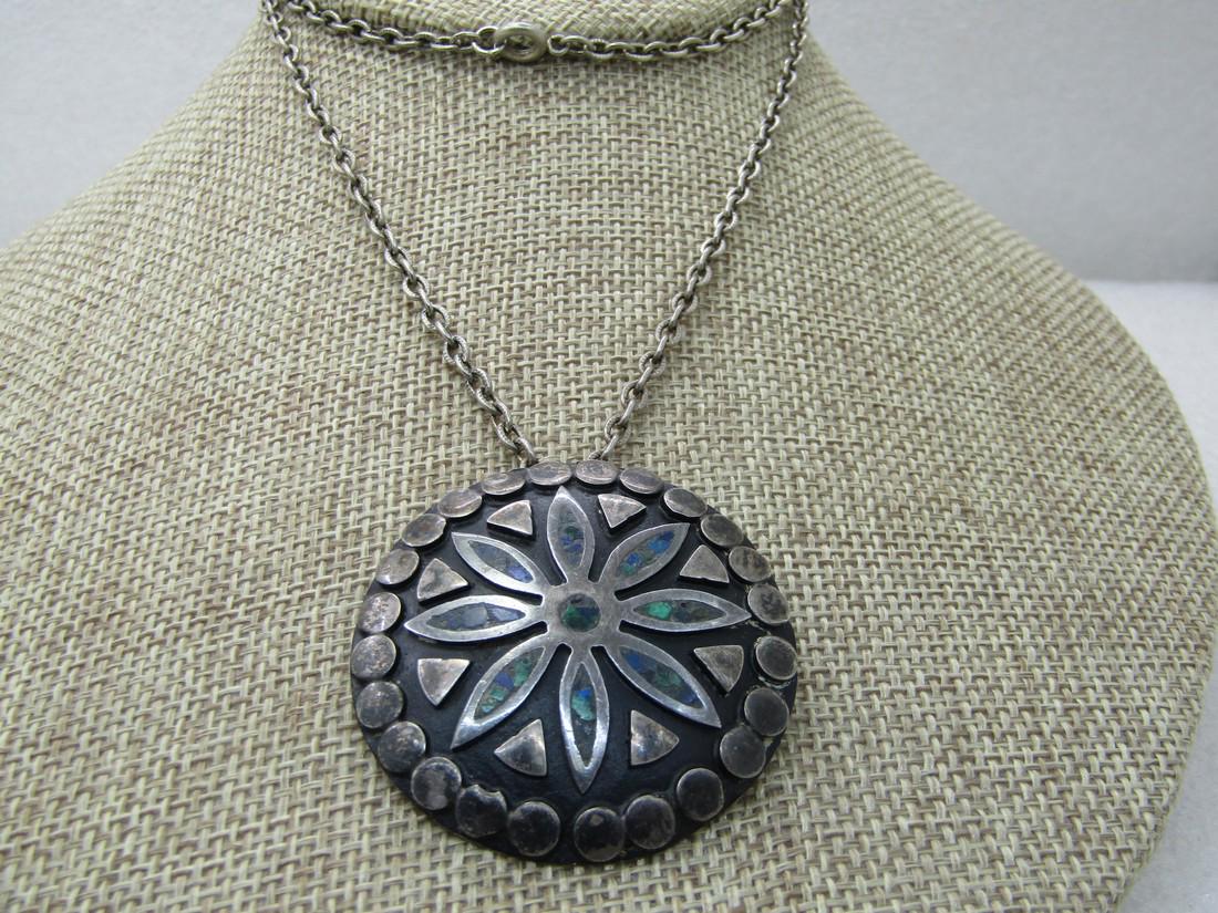 Vintage Sterling Inlaid Mexican Brooch/Pendant Necklace 24" (1 of 8)