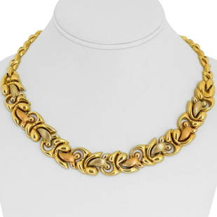 18k Yellow White Rose Gold 66.8g Tri Tone Ladies Fancy Link Necklace Italy 17": Condition: Excellent Condition, Professionally Cleaned and Polished Metal: 18k Gold (Marked, and Professionally Tested) Weight: 66.8g Length: 17 Inches Width: 17mm at front, 8.5mm at back 