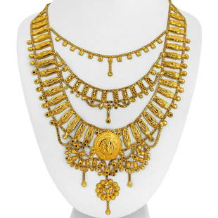 21k Yellow Gold 51.7g Ladies Fancy Drop Dangle Beaded Fringe Necklace 18": Condition: Excellent Condition, Professionally Cleaned and Polished Metal: 21k Gold (Marked, and Professionally Tested) Weight: 51.7g Length: 18 Inches Closure: Spring Ring Markings: "21k" Item