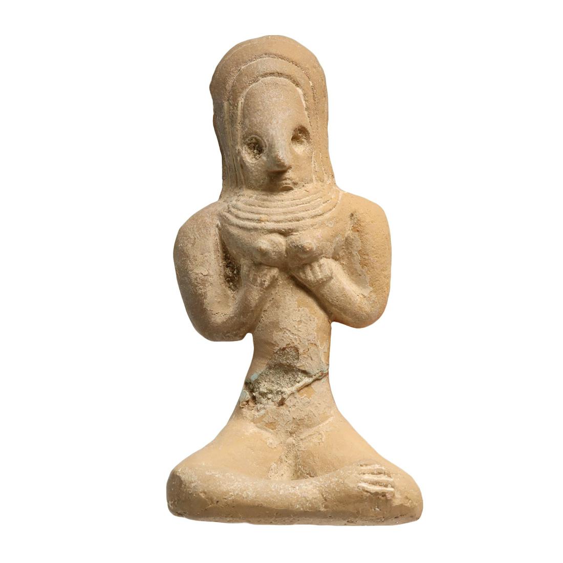 Indus-Valley Mother Goddess, Zhob Culture, c. 2400 B.C.: Title: Indus-Valley Mother Goddess, Zhob Culture, c. 2400 B.C. Date & Origin: Indus Valley, c. 2400 B.C. Description: Seated nude, her hands holding her breasts, hair combed and falling over her shoul