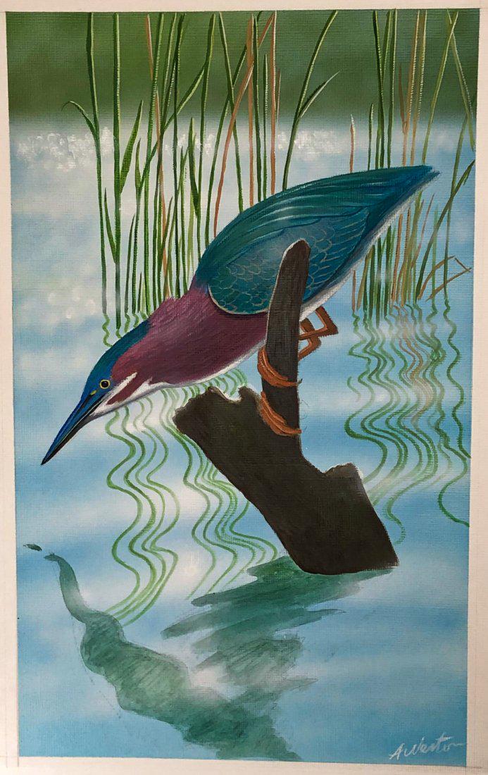 Green Heron: Alan Weston: Artist: Alan Weston Title: Green Heron Date: 2018 Medium: Mixed media Dimensions: 20cm x 30.5cm Descriptoin: This original painting is just one of a set of 52 specially commissioned pieces by author S