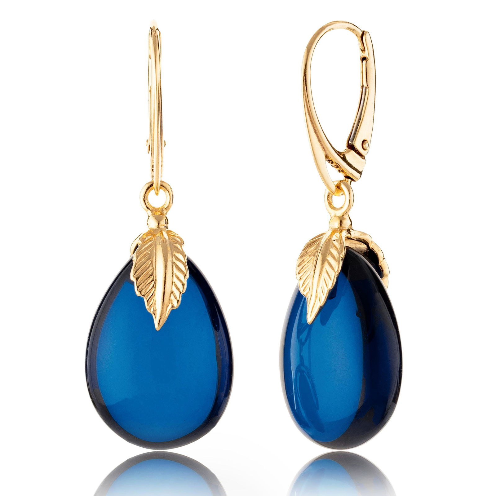 Blue amber drop earrings with gold plated sterling silver fitting & lever back closure (1 of 4)