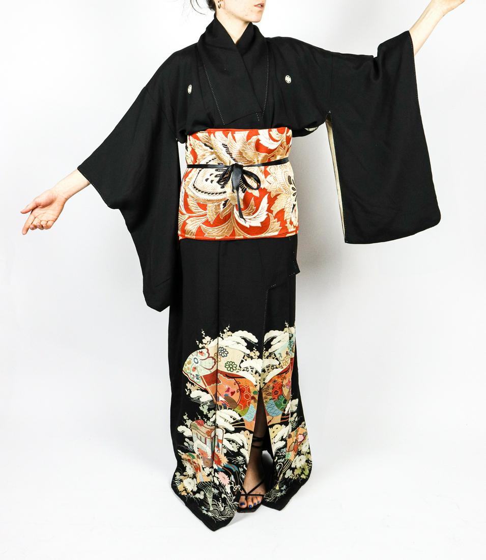 BLACK SILK EMBROIDED FLORAL KIMONO WITH BELT (1 of 9)