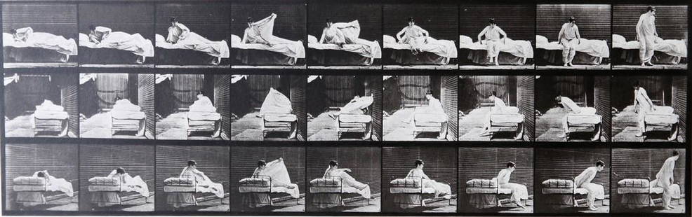 Eadweard Muybridge: Nude woman getting out of bed A.L.265: Artist: Eadweard MuybridgeTitle: Nude woman getting out of bed A.L.265Date Printed: Printed in 1979 Heavy weight, matte finishMedium: Vintage Photogravure With dry mount tissue guardPrint Origin: