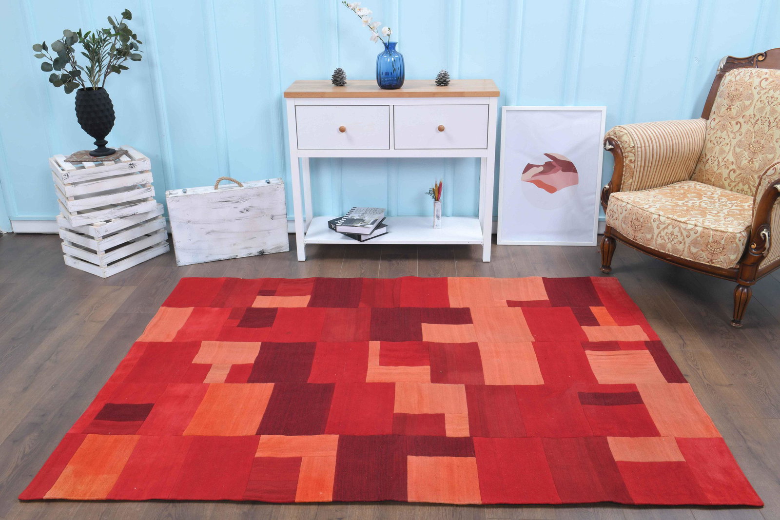 4'8x6'6 ft, RARE, KILIM RUG: Title: 4'8x6'6 ft, RARE, KILIM RUG Origin: Turkey Date/Period: 1960 - 1970 Materials: Wool and Cotton Size: Length: 6.6 feet Width: 4.8 feet Description: This one-of-a-kind Vintage Flatweave Carpet th