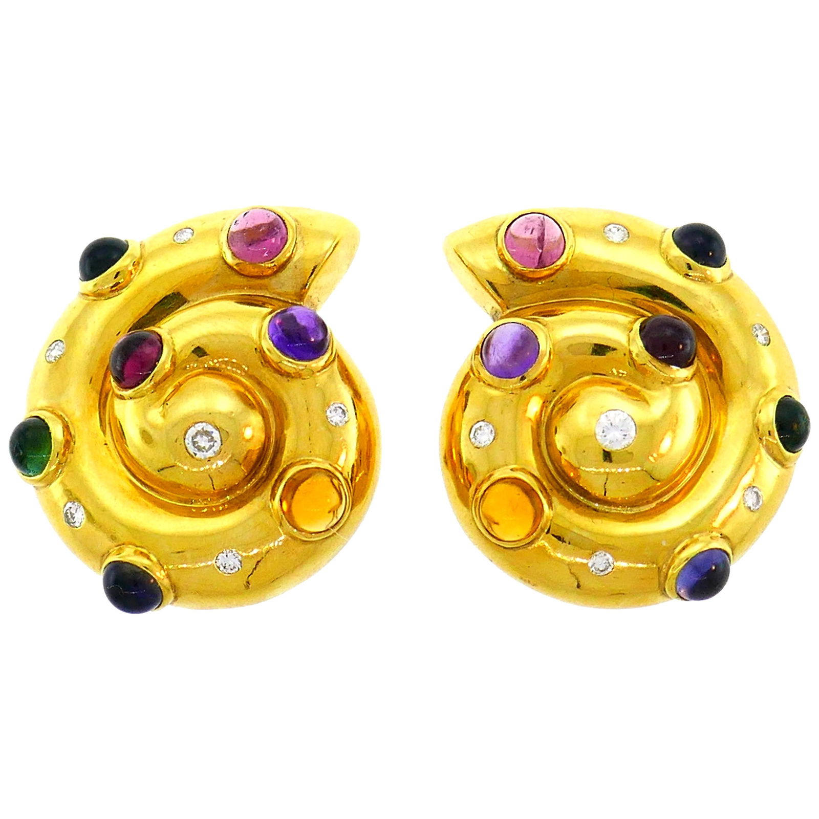 Vintage Yellow Gold Snail Earrings with Diamond and Gemstones 1970s Clip-On (1 of 6)