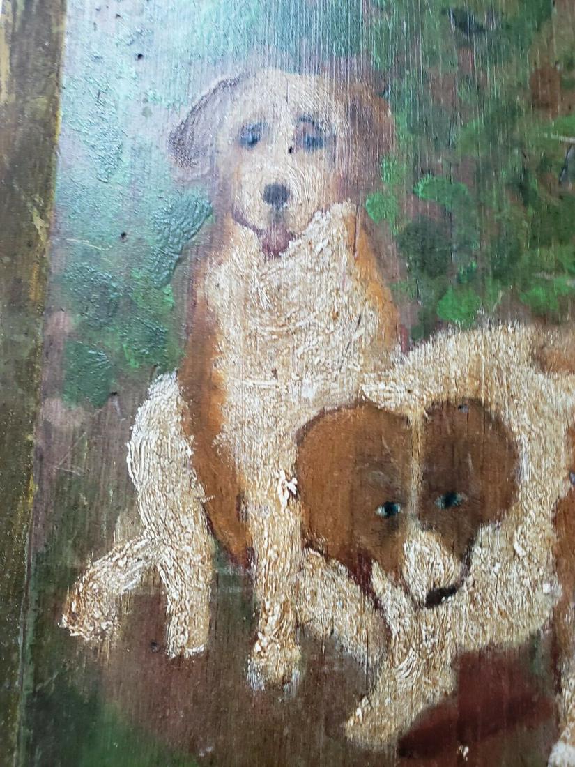 Pair of hunting dogs oil painting on board folk art antique 19th century (1 of 3)