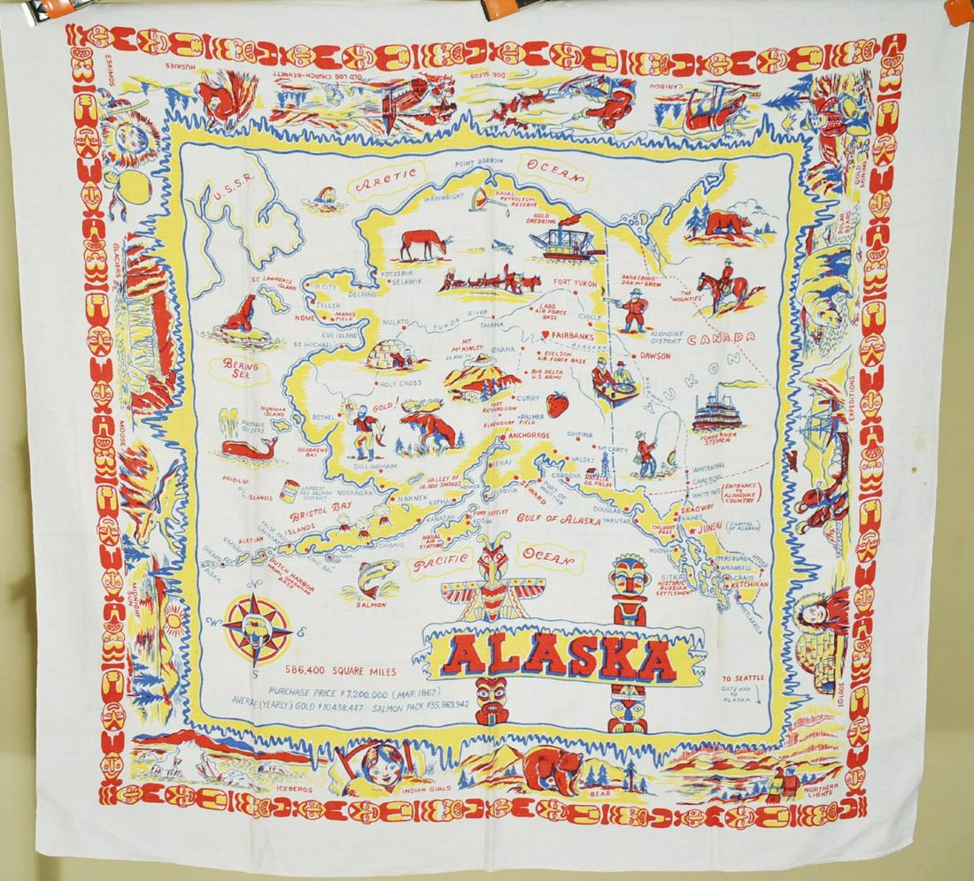 50's Alaska Souvenir State Tablecloth: Linen 50's Alaska state souvenir tablecloth, measuring 48" X 50" and in excellent condition, with a couple of small age spots and no wear. Shipping: Domestic: Flat-rate of $20.00 to anywhere within th
