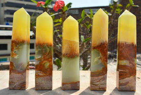 1375 Grams Beautiful Lemon Calcite Towers: Title: 1375 Grams Beautiful Lemon Calcite TowersWeight: 1375 GramsOrigin: AfghanistanMaterials: TowerSize: 5 PiecesDescription: Treatment: Natural Reserve: $120.00 Shipping:Domestic: Flat-rate of