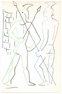 Jean Cocteau original lithograph | Infernal Machine: Medium: original lithograph. Printed in Paris in 1957 by Mourlot Freres. Size: 9 x 5 7/8 inches (225 x 148 mm). Artist, novelist, poet, playwright and film director Jean Cocteau executed this