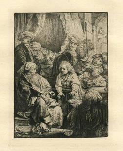 Rembrandt van Rijn (after) "Joseph telling his Dreams" etching: Medium: etching (after Rembrandt). This is not an original Rembrandt etching, but is a good copy (by artist unknown) etched after Rembrandt. This impression on laid paper was printed in Paris for the