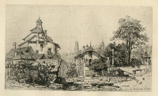 Maxime Lalanne "Fribourg" original etching: Medium: original etching. This impression on laid paper printed in 1868 for Philip Gilbert Hamerton's very scarce "Etching and Etchers". Plate size: 4 5/8 x 7 1/4 inches (116 x 182 mm). Signed in the