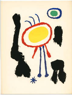 Joan Miro original pochoir "Femmes et Oiseaux devant la Lune" 1947: Medium: original pochoir stencil print in five colors. Catalogue reference: Dupin 50. Printed in 1947 in an edition of 1500 by Meriden Gravure and published by Curt Valentin for the rare portfolio