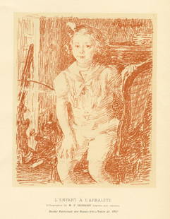 Francois Guiguet original lithograph "L'enfant a l'arbalete": Medium: original lithograph. Printed in 1910 in sanguine ink and published in Paris for Gazette des Beaux-Arts. Image size: 5 3/4 x 4 3/4 inches (146 x 122 mm). Not signed. Reserve: $60.00 