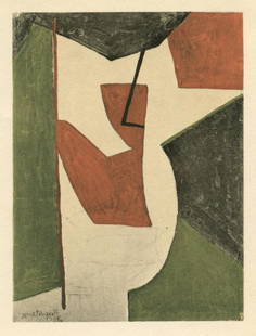 Serge Poliakoff pochoir: Medium: pochoir (after the gouache). Printed in Paris in 1957 by Jacomet and issued in an edition of 1000 by the Galerie Berggruen for a rare catalogue. Image size: 5 x 3 3/4 inches (130 x 99 mm).