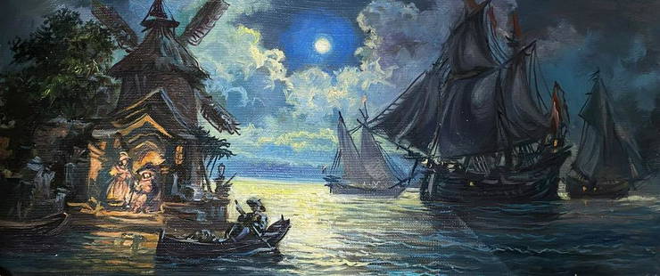 Oil painting Night landscape Alexander Arkadievich Litvinov: №Litv 29 *** ABOUT THIS PAINTING *** * TITLE: "Night landscape" * ARTISTS: Alexander Arkadievich Litvinov * SIZE: 48.5x20.5 cm/'19.09x8.07 inches' * MEDIUM: oil, canvas * HAND PAINTED: Original