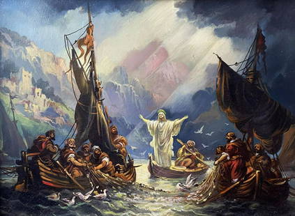 Oil painting Fisherman's sermon Alexander Arkadievich Litvinov: №Litv 190 *** ABOUT THIS PAINTING *** * TITLE: "Fisherman's sermon" * ARTISTS: Alexander Arkadievich Litvinov * SIZE: 38.5x28.5 cm/'15.15x11.22 inches' * MEDIUM: oil, cardboard * HAND PAINTED: