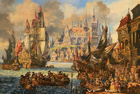 Oil painting Harbor Alexander Arkadievich Litvinov: №Litv 512 *** ABOUT THIS PAINTING *** * TITLE: "Harbor" * ARTISTS: Alexander Arkadievich Litvinov * SIZE: 77x113 cm/'30.31x44.48 inches' * MEDIUM: oil, canvas * HAND PAINTED: Original painting