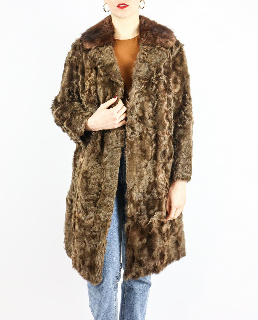 BROWN PERSIAN LAMB FUR COAT MINK FUR COLLAR - US 12 - EU M (1 of 11)