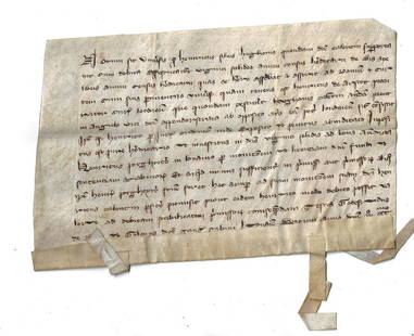 1304 Medieval Vellum Manuscript: Title: 1304 Medieval Vellum Manuscript Description: A medieval manuscript on vellum dated 1304 from the Low Countries, near Leuven. In Latin, pertains to legal matters. Untranslated. Ink is bold and t