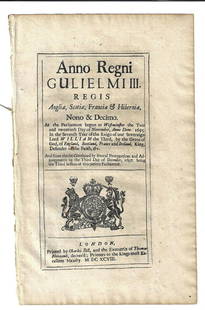 1698 English Act Exporting Watches Silver: Title: 1698 English Act Exporting Watches SilverDescription: An English act of Parliament passed in 1697 and printed here 1698 at London by Charles Bill regarding the export of watches and silver.