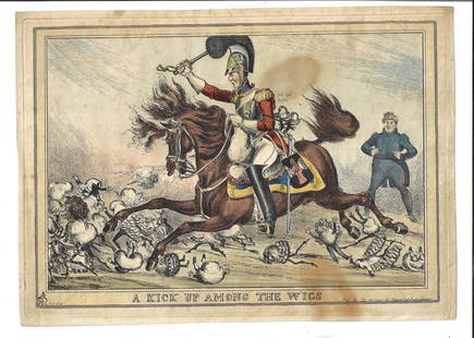 1820 Handcolored Political Cartoon Soldier: Title: 1820 Handcolored Political Cartoon SoldierDescription: Large handcolored engraving of a soldier on horseback with inscription "A Kick Up Among the W(h)igs", printed at London circa 1820. Very