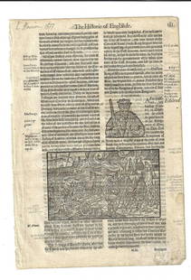 1577 Leaf Holinshed History England: Title: 1577 Leaf Holinshed History EnglandDescription: A leaf from Holinshed's Chronicles, Historie of Englande, printed at London, 1577. Folio 181/182 with woodcut of the seige of a city and a