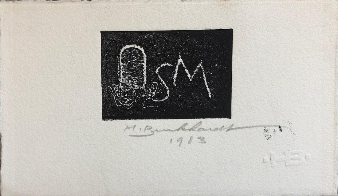 Hans Burkhardt (1919-2011) Swiss / American: Hans Burkhardt - Linocut - Signed / Dated 1983 Watermark " HB " lower right. Sheet 4 x 7" Reserve: $70.00 Shipping: Domestic: Flat-rate of $35.00 to anywhere within the contiguous U.S. International: