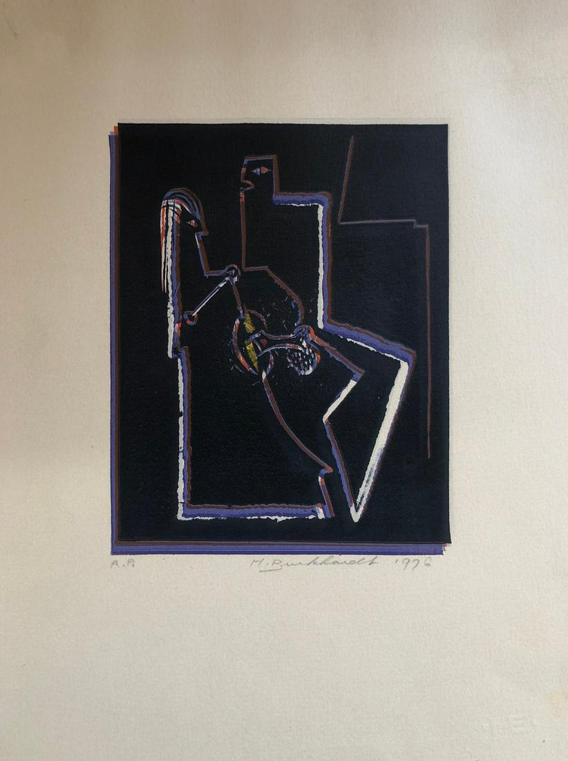 Hans Burkhardt (1919-2011) Swiss / American: Hans Burkhardt - linocut - Signed 1976 A. P. (artist proof) Watermark " HB" lower right. Sheet: 15 x 11 Image: 8 x 6 Reserve: $70.00 Shipping: Domestic: Flat-rate of $35.00 to anywhere within the cont