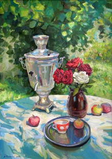 Oil painting Still life with a samovar and roses Anatoly Kymnatny: NoKym 7 *** ABOUT THIS PAINTING *** * TITLE: "Still life with a samovar and roses" * ARTISTS: Anatoly Kymnatny * SIZE: 70x50 cm/'27.55x19.68 inches' * MEDIUM: oil, dvp * HAND PAINTED: Original