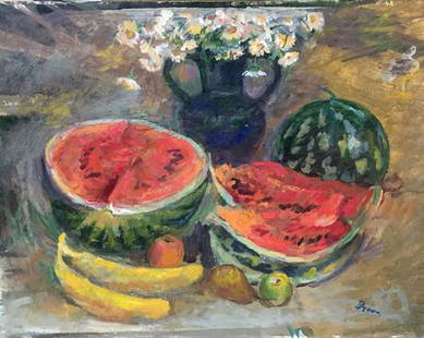 Oil painting Watermelons original picture painter: NoBag 30 *** ABOUT THIS PAINTING *** * TITLE: "Watermelons" * SIZE: 65x50 cm/'25.59x19.68 inches' * MEDIUM: oil, cardboard * HAND PAINTED: Original painting from our collection * CONDITION: we tried