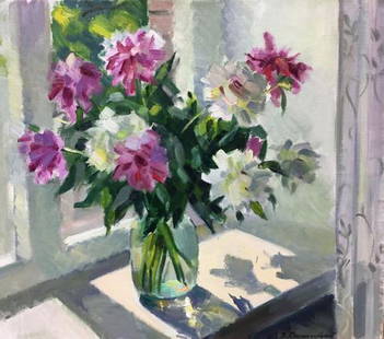 Oil painting Peonies Kryzhanivskyi Viktor Vladimirovich: NoBag 51 *** ABOUT THIS PAINTING *** * TITLE: "Peonies" * ARTISTS: Kryzhanivskyi Viktor Vladimirovich * SIZE: 60x70 cm/'23.62x27.55 inches' * MEDIUM: oil, canvas * HAND PAINTED: Original painting