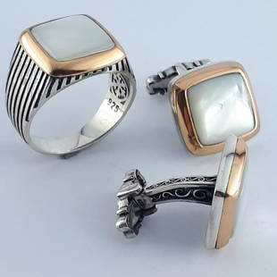 925 Sterling Silver - Set: Set Gender : Men Material : 925 Sterling Silver Stone : Mother of pearl Ring Size : 12 inch ( 21 mm ) TotaL Weight :27,82 gr Condition : NEW / Unused Item no:US0314 -- SHIPMENT -- Items