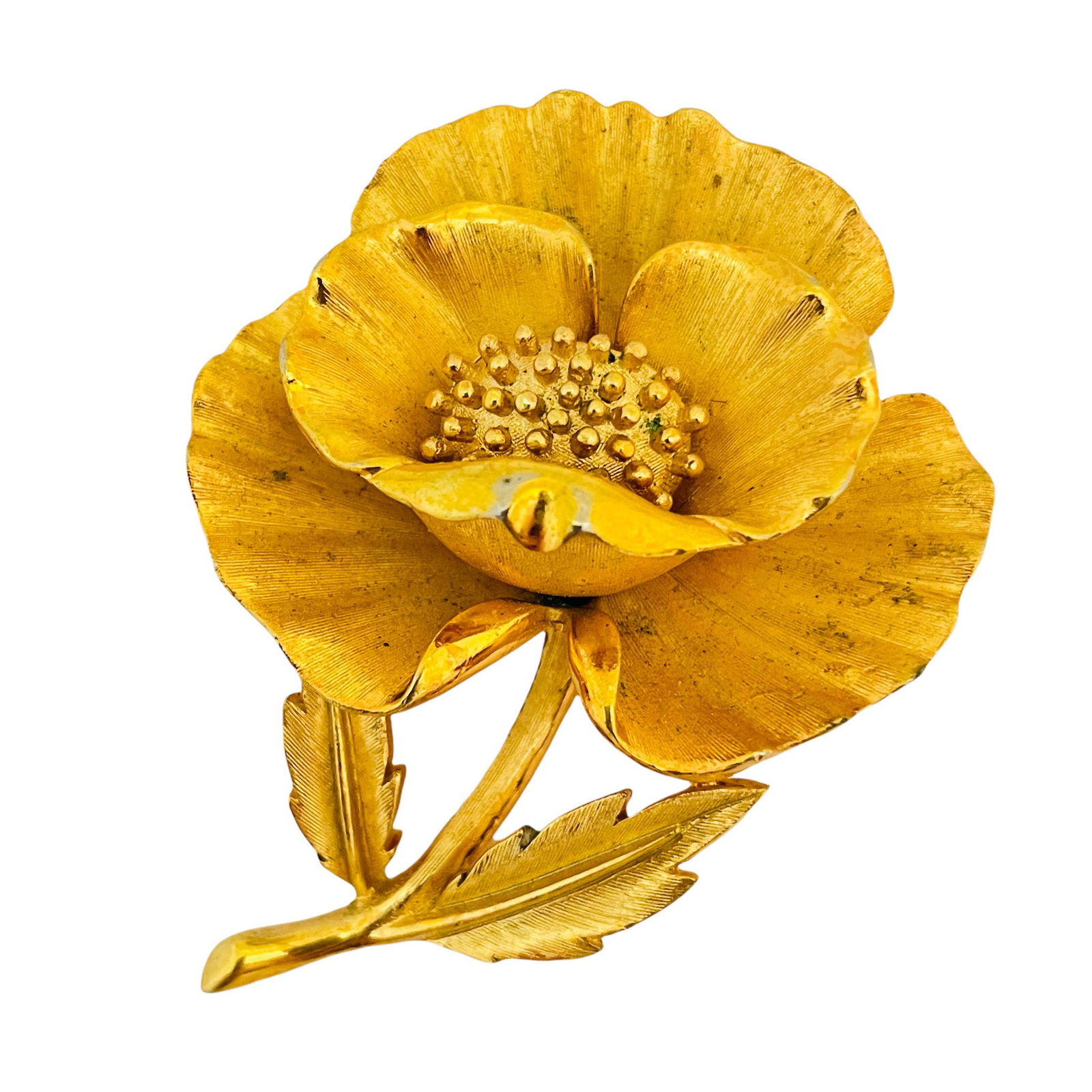 Vintage TRIFARI crown gold huge flower designer runway brooch: DETAILS: signed TRIFARI, gold tone, vintage designer runway brooch MEASUREMENTS: 2" by 1.63" CONDITION, excellent vintage condition with minimal signs of wear Reserve: $102.00 Shipping: Domestic: Flat