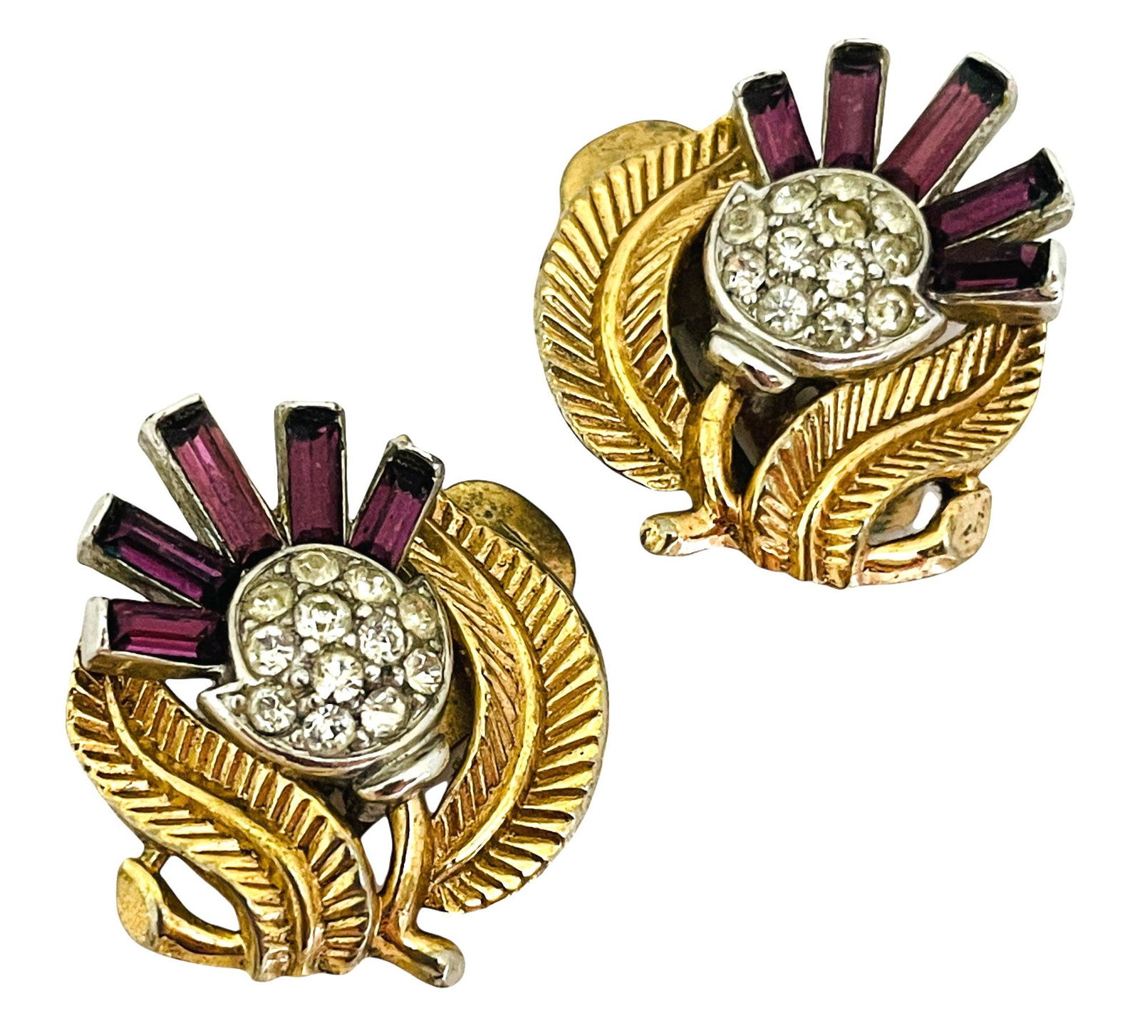 Vintage TRIFARI crown amethyst gold designer clip on earrings (1 of 3)