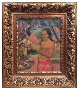 Woman holding a fruit oil painting, After: Gauguin Paul: Title: "Woman holding a fruit" oil paintingArtist: After: Gauguin PaulMedium: Oil on canvasDate/Period: 1968Additional Information: 5% of the purchase amount will be transferred to the fund for
