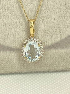 14K Solid Yellow Gold Aquamarine Necklace in Diamond Halo