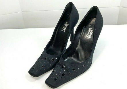 Versace Black Satin Jeweld Square Toe Heels: Title: Versace Black Satin Jeweld Square Toe HeelsSize: 37/6.5Additional Information: Pre-owned Gianni Versace Black sating square toe rhinestone embellished heels Size 37/6.5 Very good condition