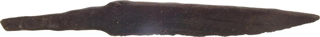 VIKING SIDE OR POUCH KNIFE, 9th-10th CENT. AD: The small personal knives that Vikings valued above the scramseax and with which they were buried. Proportioned for throat-slashing in a hand-to-hand fight. This example is just over 3 1/4" in length 