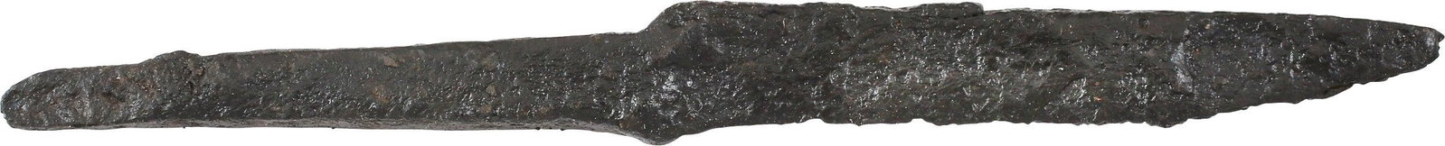 VIKING POUCH KNIFE, 9th-11th CENTURY: 3 1/2" total length. Wedge section for slashing. Straight back with a slightly curved point. Whittle tang, to secure it to the wood, bone, or antler grip, now perished. Stable oxidation with a good pr
