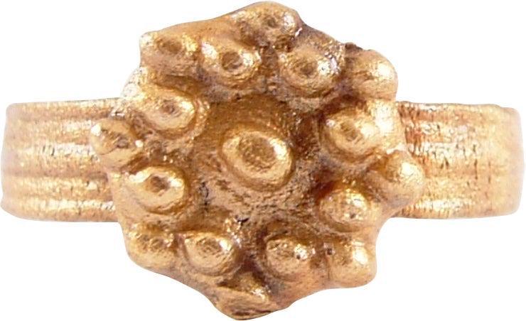 GREAT PLAGUE OF LONDON RING, SIZE 9 ¼ JEWELRY: 17th century, English. Revolutionary in its construction with the 4.3mm band of rolled brass/bronze, with a pattern imparted by the roller. The bronze flower bud top cast separately and the two joined