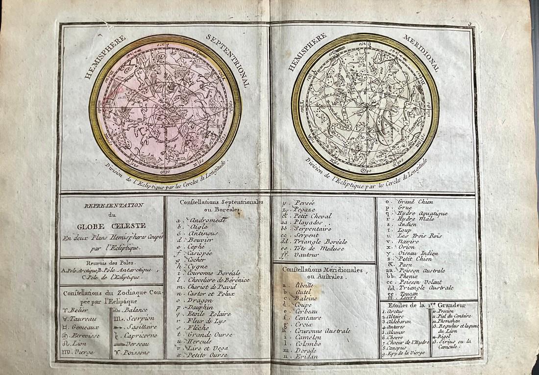Constellations of the Northern and Southern Hemispheres, 1780/81 scarce map by J. B. Nolin: Title: Constellations of the Northern and Southern Hemispheres, 1780/81 scarce map by J. B. Nolin Date/Period: 1780/ 1781 Materials: Hand colored copper plate engraved Size: 14 1/2 x 10 1/4" 1780/1781